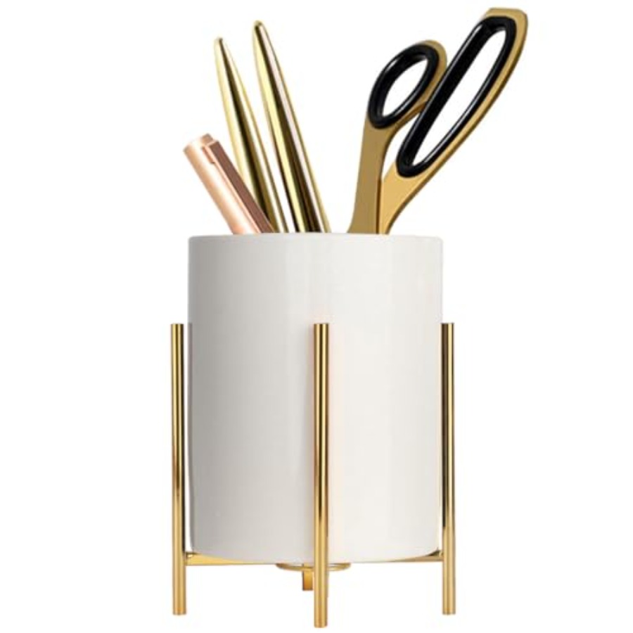 Kitchen Appliances White - Stiftbecher Robuster Metallrahmen mit weißem Keramik-Stifthalter