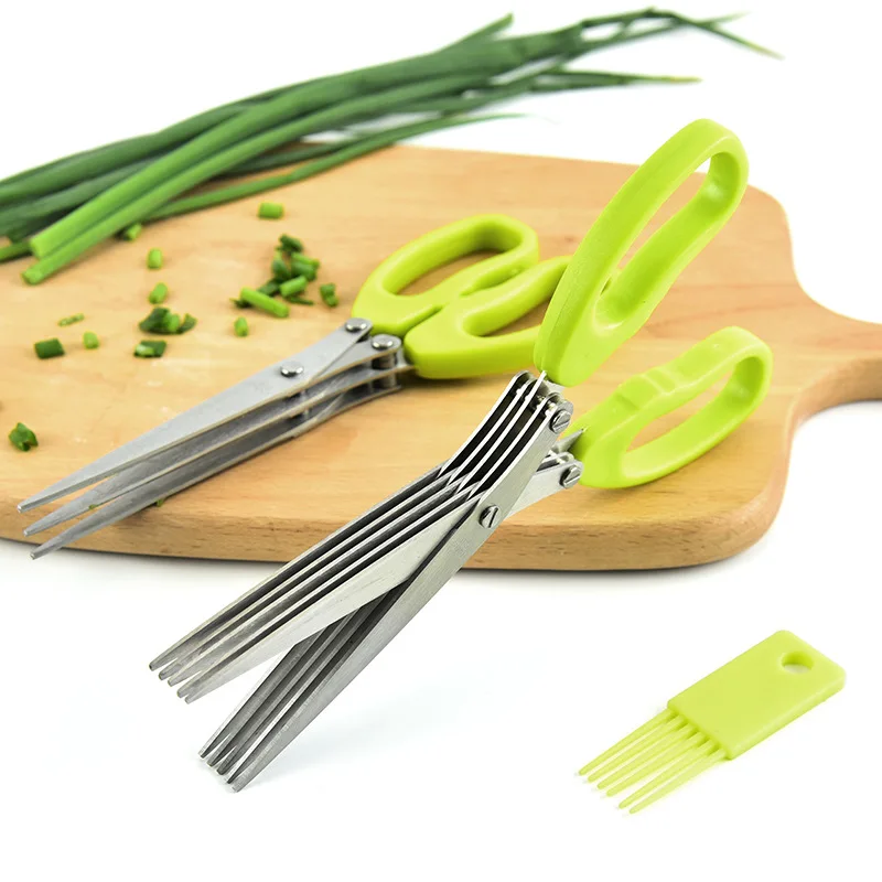 Kitchen Appliances Green - Multifunktionale dreischichtige/fünfschichtige grüne Zwiebelschere aus Edelstahl