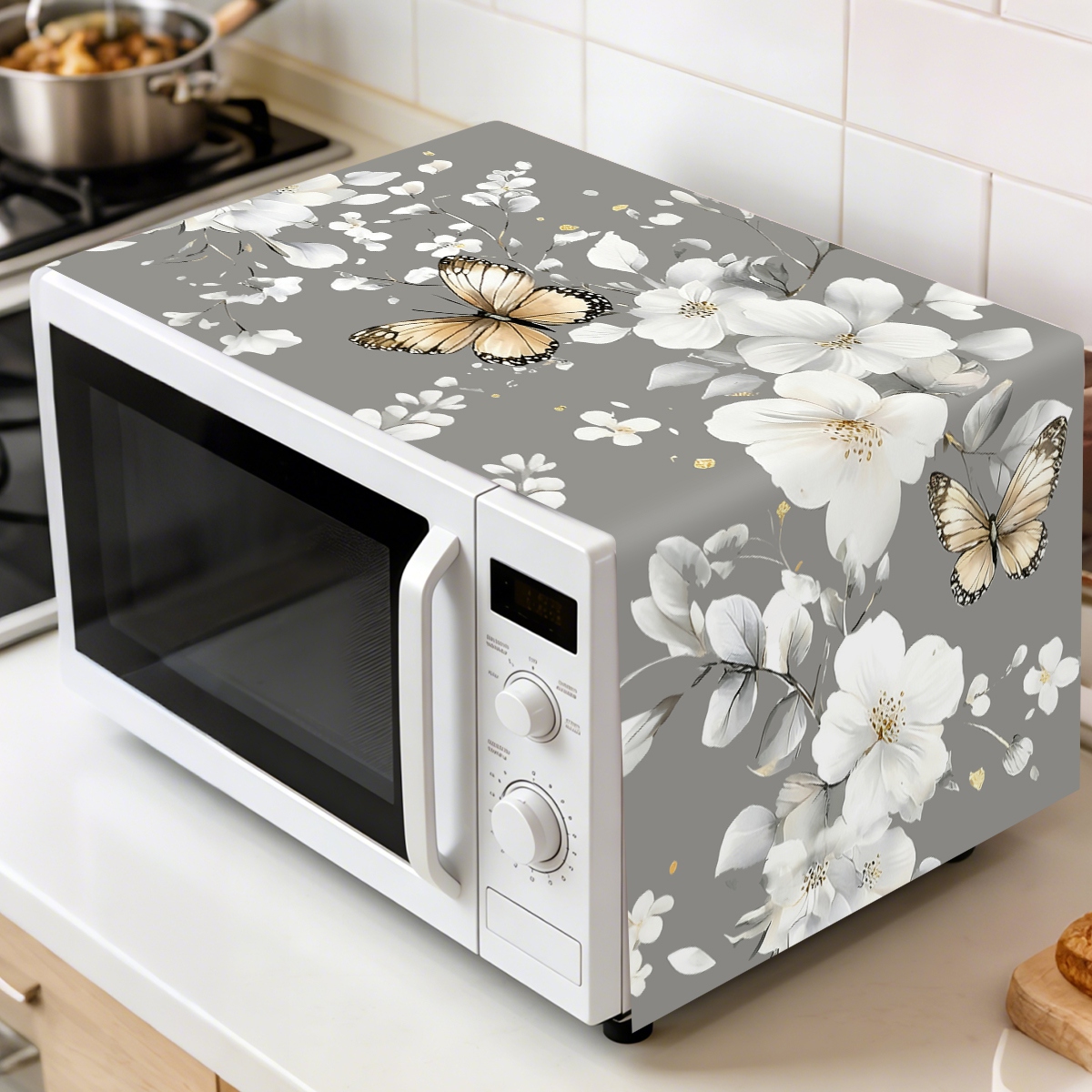 Kitchen Appliances White - 1 Stück Weiße Blumen-Mikrowellen-Staubschutzhülle 35x85cm Schmetterlings-Design
