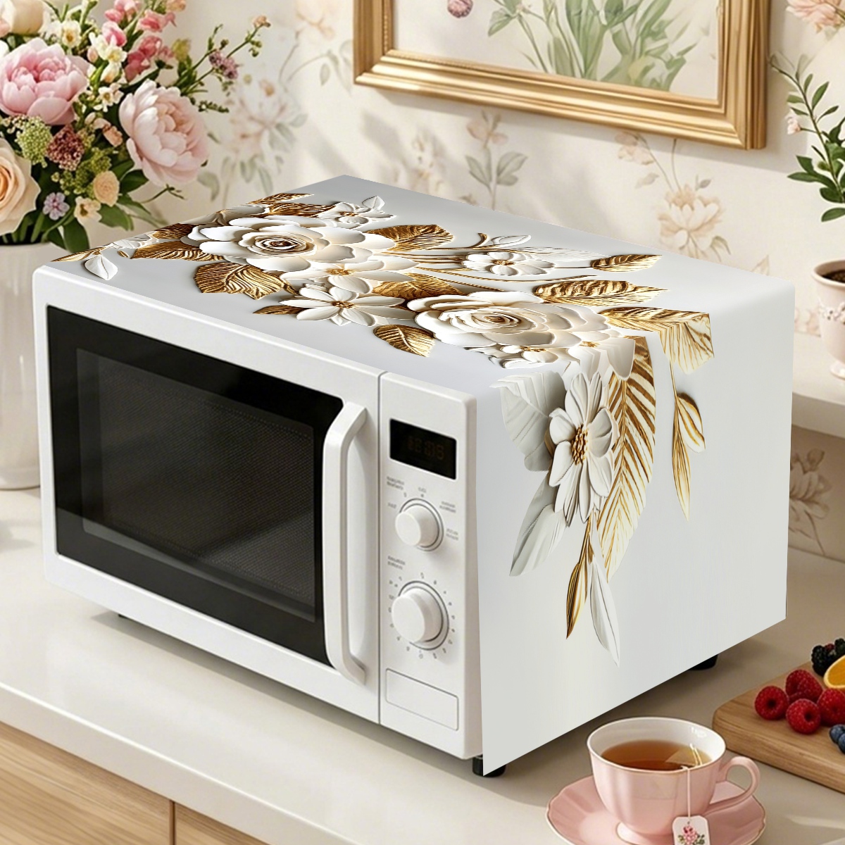 Kitchen Appliances White - 35*85cm Weiß-Goldene Mikrowellenabdeckung 2D Flaches Blumendesign